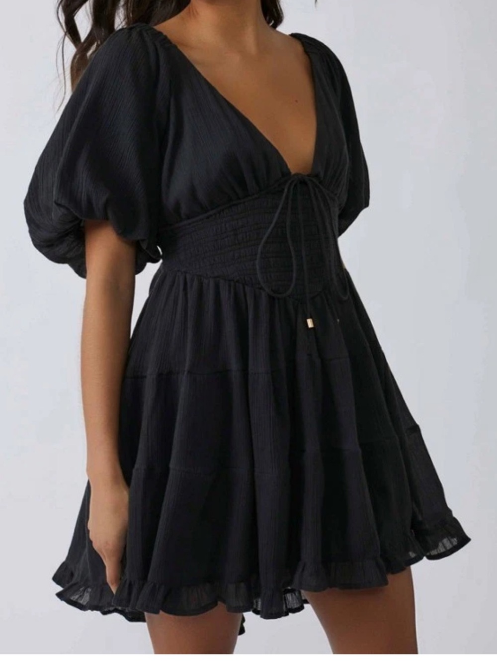 Free People Black Puff Sleeve The Perfect Day V-Neck Tiered Mini Dress